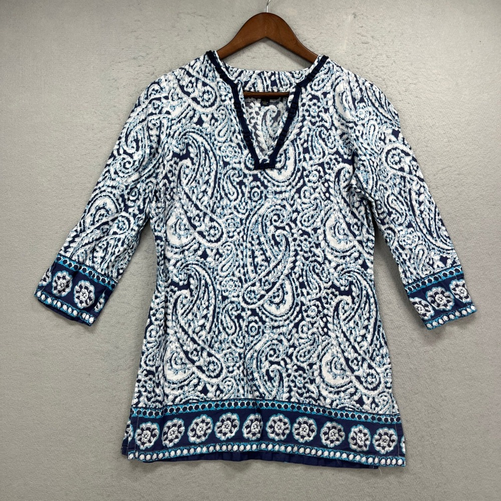 Brooks Brothers Tunic Top Womens S Blue Paisley 3/4 Sleeve Boho Timeless Preppy